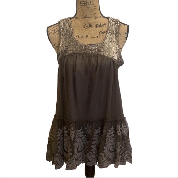 Free People Mirror Mirror Dark Taupe Sequin Lace Tulle Sleeveless Top Size S - Picture 3 of 10